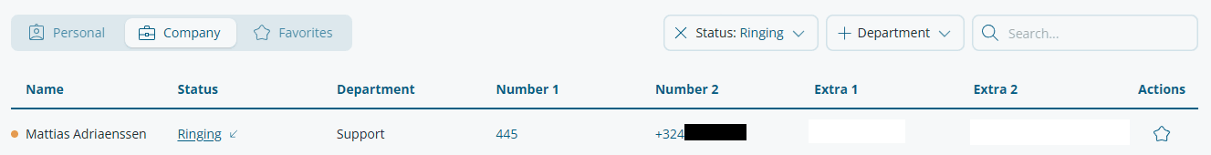 Contacts page with Pickup icon
